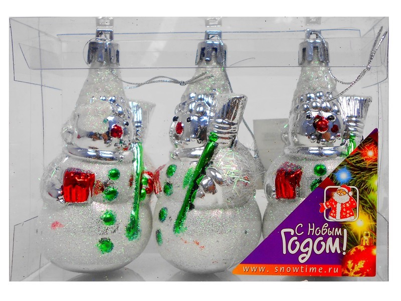 СНЕГОВИК 90ММ БЛЕСТЯЩИЙ 3ШТ 1ЦВ  ПРОЗРАЧНАЯ КОРОБКА