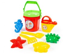 Набор №414: ведро №9, сито №9, лопатка №31, грабельки №31, формочки (краб №1 + морской конёк + морская звезда №1 + ракушка №1), лейка №10