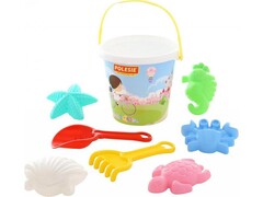 Набор №603: ведро большое с наклейкой, совок №10, грабли №10, формочки (краб №1 + морской конёк + морская звезда №1 + ракушка №1 + черепаха)
