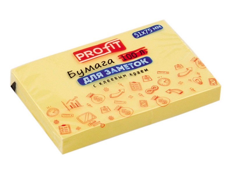 Бумага для заметок с клеевым краем ЖЕЛТАЯ 51*75 мм 100 л