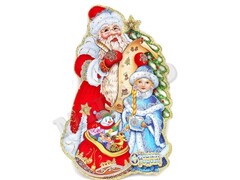 31778 [НУ-8245]Оформительский плакат на скотче Дед Мороз и внучка 35 см глиттер НУ-8245