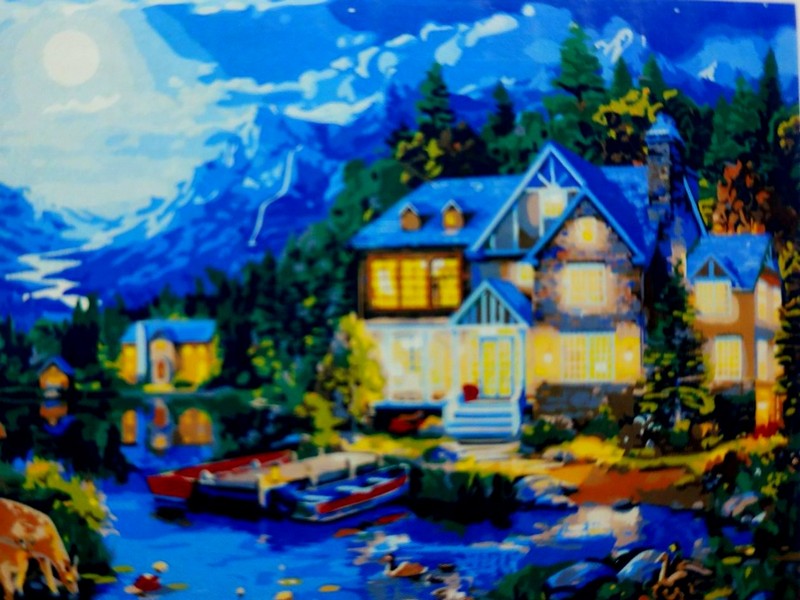Холст с красками 40х50 см по номерам. ДОМ У НОЧНОГО ОЗЕРА