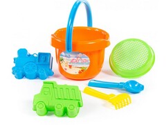 Набор №34: ведро большое, ситечко, совок №2, грабельки №2, формочки (самосвал+паровоз)