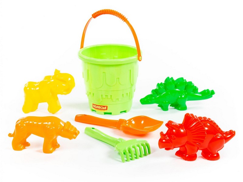 Купить оптом Набор №527: ведро-замок большое, лопатка №5, грабельки №5, формочки (тигр+мамонт+динозавр №1+динозавр №2) в Луганске
