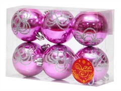 39141 [41914]Набор ШАРЫ РОЗОВЫЕ С СЕРЕБРЯНЫМ ЦВЕТКОМ из полистирола 6 см (6шт/уп) 41914