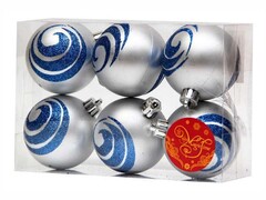 39142&nbsp;[41913]Набор ШАРЫ СЕРЕБРЯНЫЕ С СИНИМИ ВОЛНАМИ из полистирола 6 см (6шт/уп) 41913