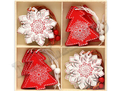 39955 [НУ-4552]Набор подвесок «СНЕЖИНКИ И ЕЛОЧКИ» 6,5см из дерева (12шт/уп) НУ-4552