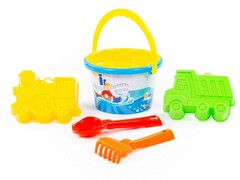 Набор №252: ведро среднее с наклейкой, ситечко, совок №2, грабельки №2, формочки (самосвал + паровоз)