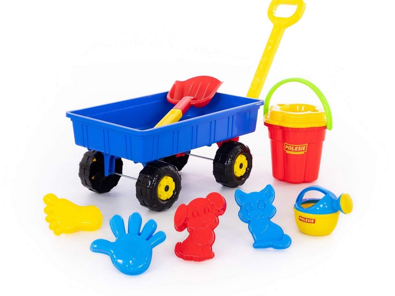 Купить оптом Набор №382: тележка "Дачная", ведро-цветок большое, ситечко-цветок большое, лопата большая №2, формочки (пёсик+котёнок+ладошка+ножка), лейка малая №4 в Луганске