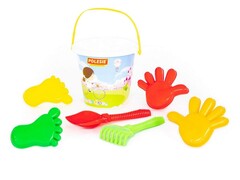 Набор №604: ведро большое с наклейкой, лопата №6, грабли №6, формочки (2 ладошки + 2 ножки)