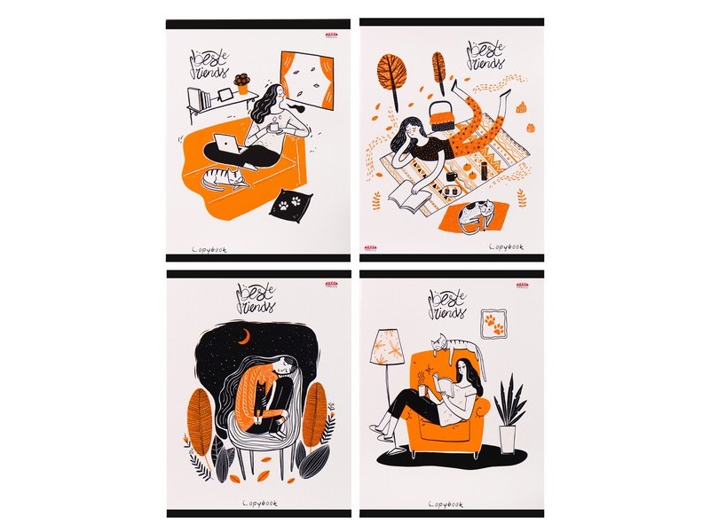 Тетрадь 96л КЛЕТКА "ДЕВУШКА И КОТИК" (цвет. мелов. обл., глиттер)