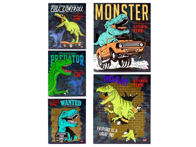 Тетрадь 48л КЛЕТКА "ДЕРЗКИЕ ТИРАННОЗАВРЫ" (цвет. мелов. обл.)