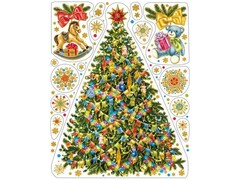 46950 [85325]Оконное украшение ЕЛОЧКА И ЛОШАДКА (ПВХ, декор. глиттер) с раскраской 30*38 см 85325