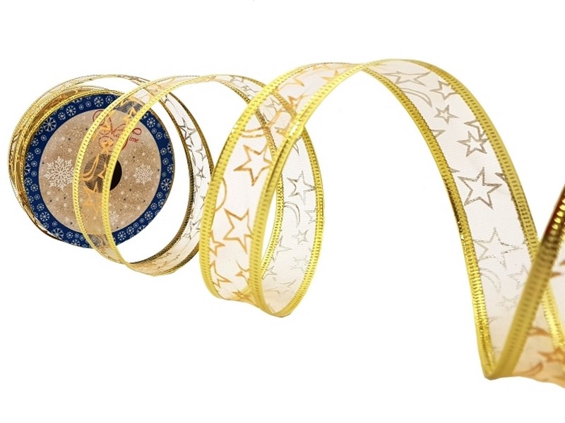 Лента новогодняя ЗОЛОТЫЕ ЗВЕЗДЫ 2,7*0,25м на катушке 87658