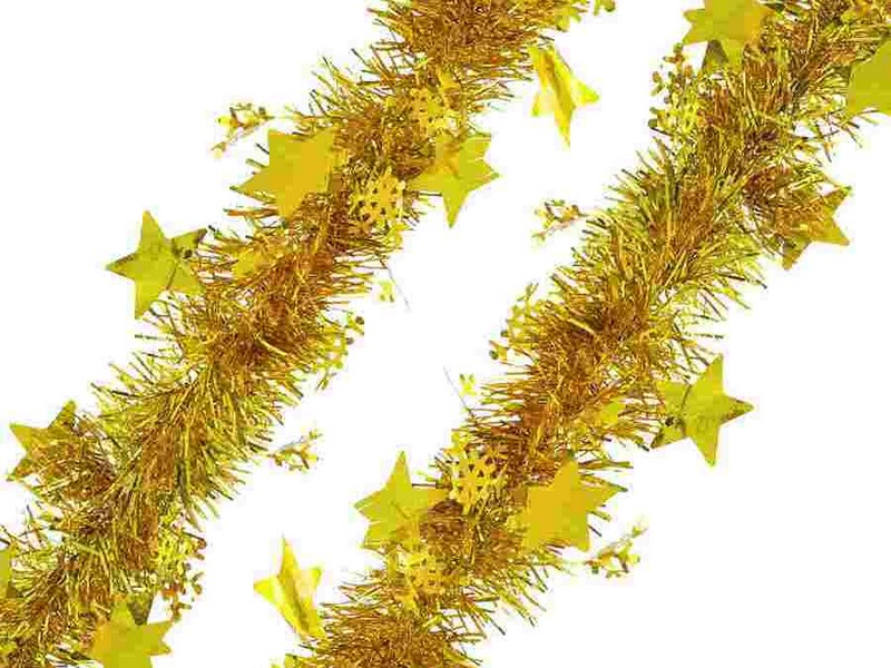 Мишура ЗОЛОТАЯ с золотыми звездами и снежинками 2м 75753