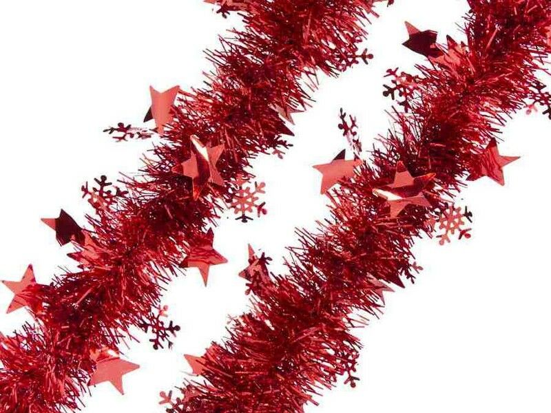 Мишура КРАСНАЯ с красными звездами и снежинками 2м 75754