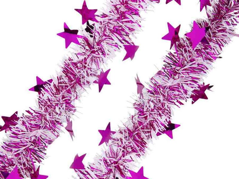 Мишура БЕЛАЯ с малиновыми звездами 2м 75743