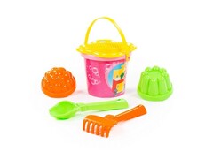 Набор №229: ведро малое с наклейкой, ситечко-цветок, совок №2, грабельки №2, 2 формочки