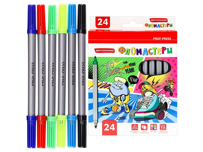 Фломастеры двусторонние вентилируемые 24шт СКЕЙТ-БАНДА на водной основе
