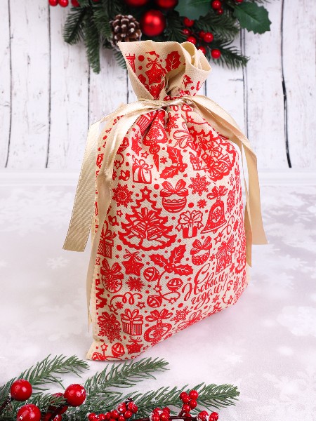 Купить оптом Мешочек для подарков «ПРАЗДНИЧНОЕ НАСТРОЕНИЕ» с затяжным шнурком 30*45см бежевый НУ-1438 в Луганске