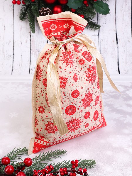 Купить оптом Мешочек для подарков «СНЕЖИНКИ» с затяжным шнурком 20*30см бежевый НУ-1432 в Луганске