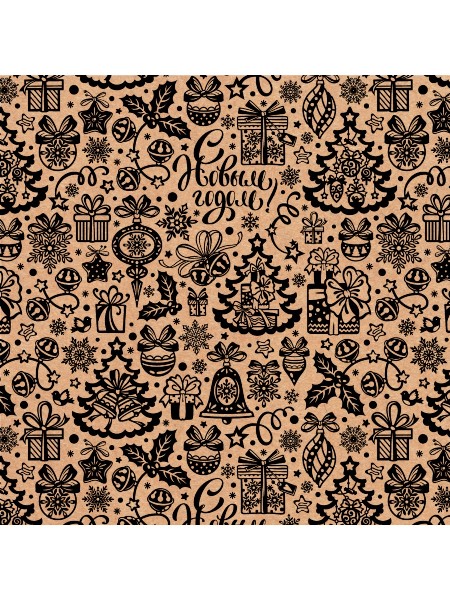Упаковочная бумага крафт «НОВОГОДНИЕ ИГРУШКИ» 70*100см (1лист в рулоне) УБ-3240