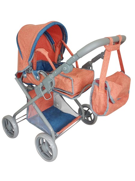 Коляска лежачая (металл.) 69*43,5*69 см с козырьком, люлькой-переноской, сумкой и корзиной в кор. 9379