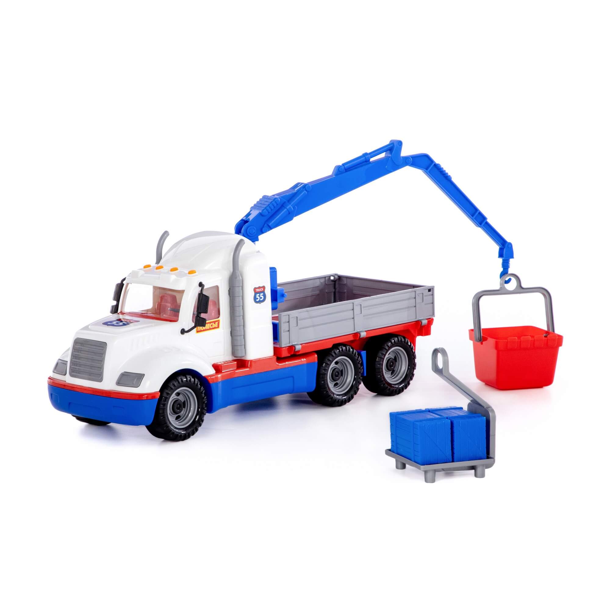 Автомобиль-кран с манипулятором "Майк" бело-синий в сеточке