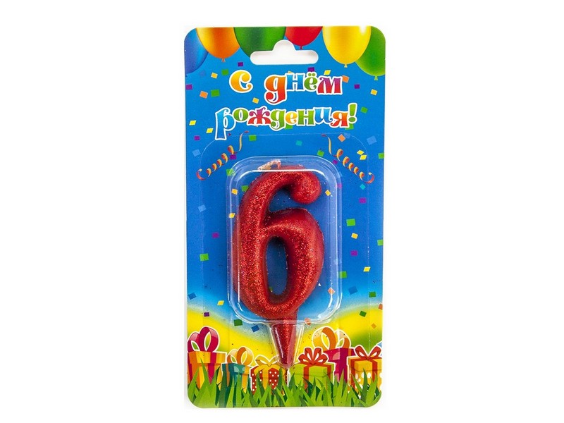 Купить оптом Свеча для торта красная с блестками «Овал» Цифра «6» 8 см в Луганске