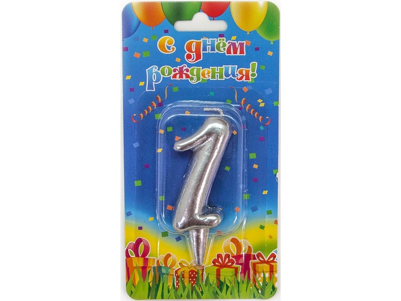 Свеча для торта серебро «Овал» Цифра «1» 7 см