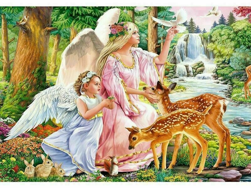Холст с красками 40х50 см по номерам. АНГЕЛЫ И ЛЕСНЫЕ ОБИТАТЕЛИ