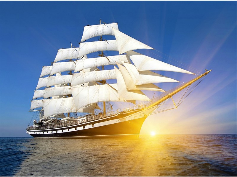 Холст с красками 40х50 см по номерам. КОРАБЛЬ В ЛУЧАХ СОЛНЦА