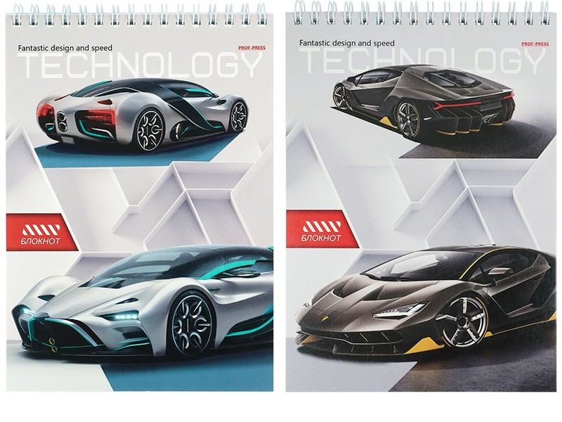 Блокнот А5 80л. клетка «ТЕХНОЛОГИЧНЫЕ СПОРТКАРЫ» (гребень, цвет. мелов. обл., офсет)