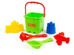 Набор №300: ведро-крепость большое, совок №8, грабельки №8, формочки (самолёт + замок башня + замок стена с одной башней)