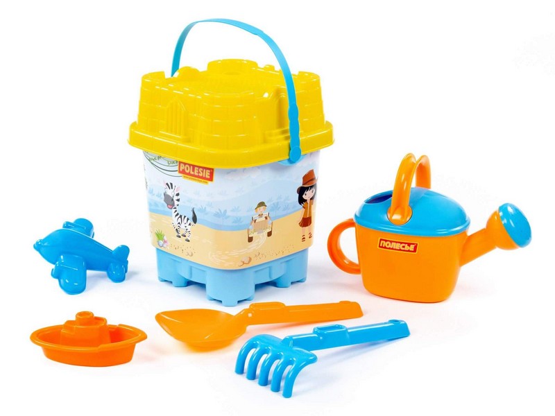 Набор №589: ведро-замок большое с наклейкой, ситечко-замок большое, лопатка №32, грабельки №32, формочка (самолёт), кораблик "Юнга", лейка №8