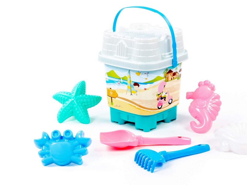 Набор №592: ведро-замок большое с наклейкой, ситечко-замок большое, лопатка №5, грабельки №5, формочки (краб №1 + морской конёк + морская звезда №1 + ракушка №1)