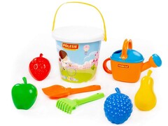 Набор №602: ведро большое с наклейкой, лопатка №5, грабельки №5, формочки "Фрукты" 4 шт, лейка №8