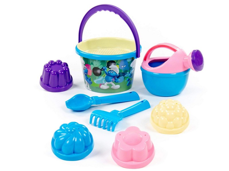 "Смурфики: Затерянная деревня-4" набор №3: ведро среднее с наклейкой, ситечко, совок №2, грабельки №2, лейка малая №4, формочки 4 шт.