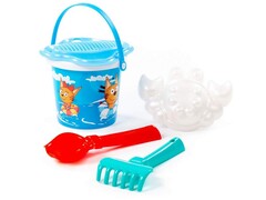 Песочный набор "Три кота и море приключений" №1: Ведро малое с наклейкой, ситечко-цветок, совок №2, грабельки №2, формочка (краб №2)