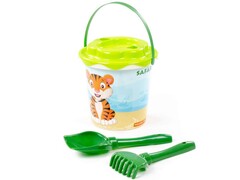 Набор №653 сафари: ведро с наклейкой, ситечко "Солнышко", лопатка №5, грабельки №5