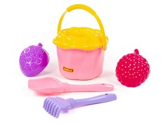 Набор №662: ведро-цветок среднее №4, сито-цветок среднее №4, лопатка №5, грабельки №5, формочки (клубника + малина)