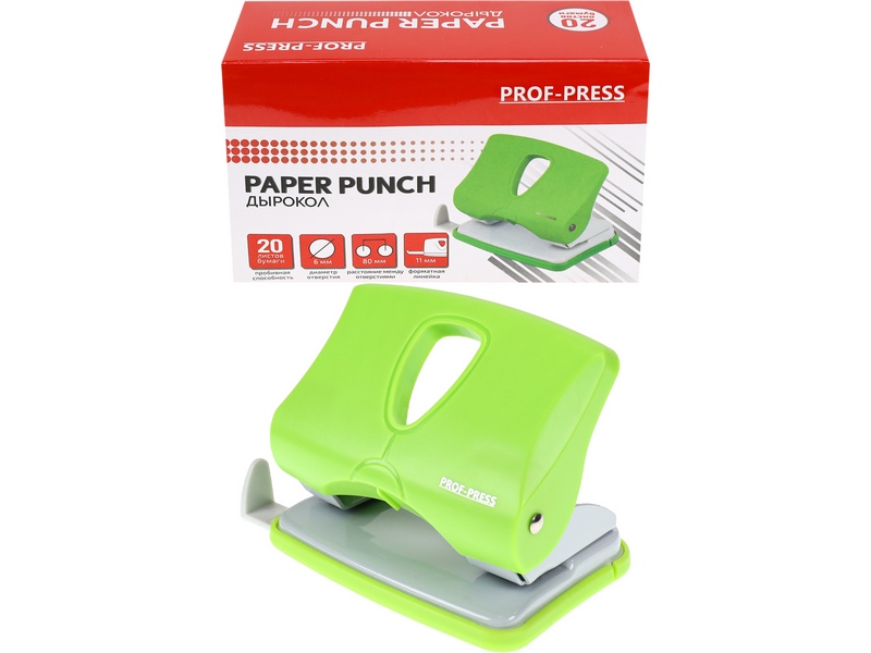 Дырокол до 20 листов пластик. корпус зеленый