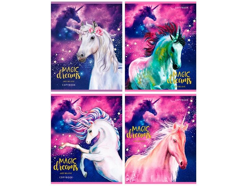 Тетрадь 96л КЛЕТКА «МАГИЯ ЕДИНОРОГОВ» (цвет. мелов. обл., второй блок)