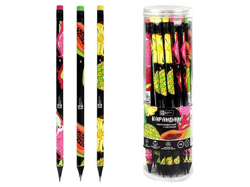 Карандаш ч/г заточенный с ластиком «ТРОПИЧЕСКИЕ ФРУКТЫ» (HB, трехгранный, черное дерево) 36 шт/уп