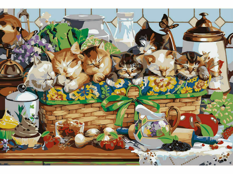 Холст с красками 30х40 см по номерам. КОТЯТА В КОРЗИНЕ