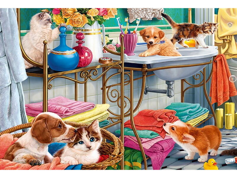 Холст с красками 30х40 см по номерам. КОТЯТА И ЩЕНКИ В ВАННОЙ