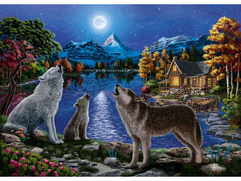 Холст с красками 30х40 см по номерам. ВОЛКИ У НОЧНОГО ОЗЕРА
