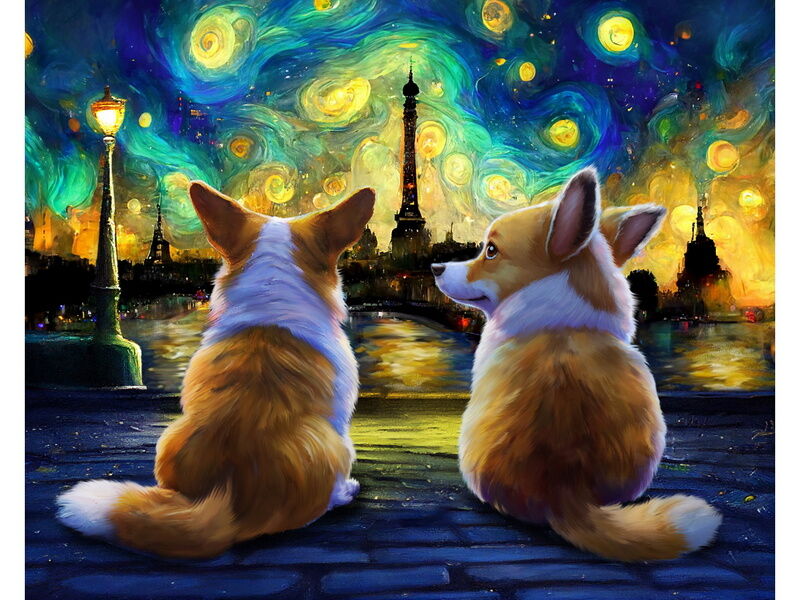 Купить оптом Холст с красками 40х50 см по номерам. ПРОГУЛКА ДВУХ КОРГИ в Луганске