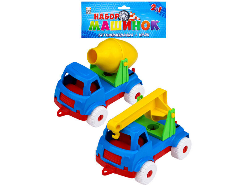 Набор машинок №2 БЕТОНОМЕШАЛКА+КРАН в пак. И-5678