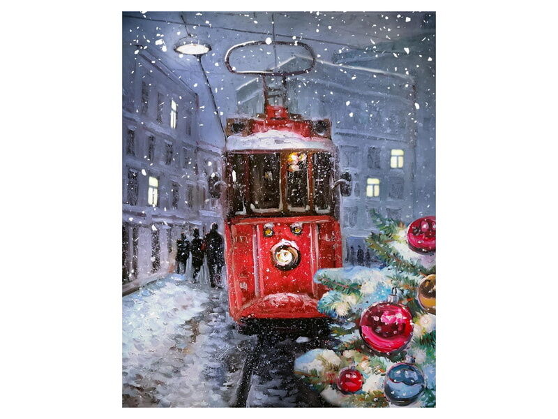 Холст с красками 30х40 см по номерам. НОВОГОДНИЙ ТРАМВАЙ